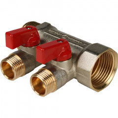 Коллектор с шаровыми кранами STOUT 1&quot;х2х1/2&quot; красные ручки