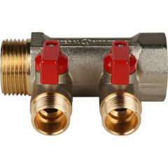 Коллектор с шаровыми кранами STOUT 1&quot;х2х1/2&quot; красные ручки