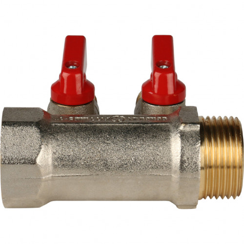 Коллектор с шаровыми кранами STOUT 1"х2х1/2" красные ручки