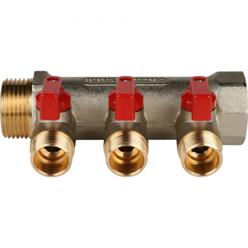 Коллектор с шаровыми кранами STOUT 1"х3х1/2" красные ручки