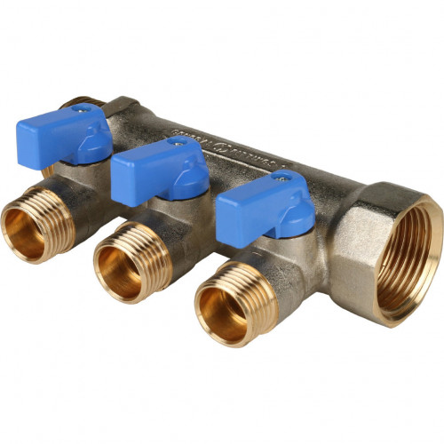Коллектор с шаровыми кранами STOUT 1"х3х1/2" синие ручки