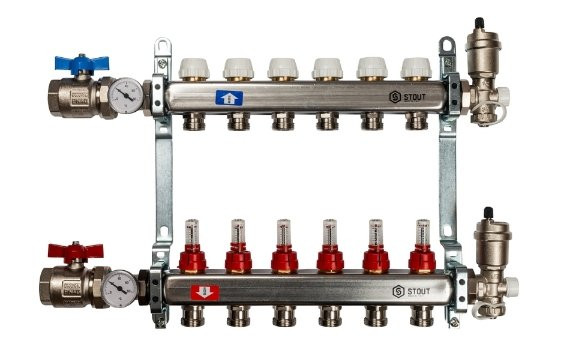 Коллекторный блок STOUT 1"х6х3/4 в сборе без расходомеров