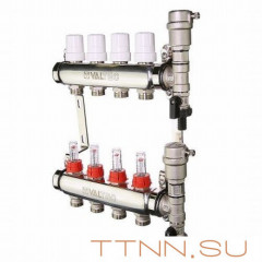 Коллекторная группа VALTEC VTc.589.EMNX.0606 1" х 3/4" на 6 выходов из нерж.стали c термостатическими клапанами и расходомерами