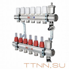 Коллекторная группа VALTEC VTc.596.EMNX.0607 1" х 3/4" на 7 выходов латунная c термостатическими клапанами и расходомерами