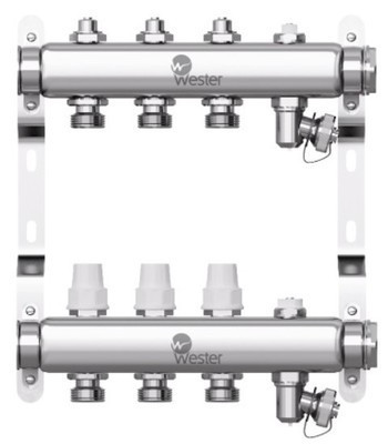 Коллектор для отопления Wester 1"-3/4 в сборе на 3 выхода с 2 заглушками