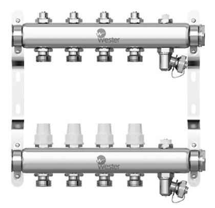 Коллектор для отопления Wester 1"-3/4 в сборе на 4 выхода с 2 заглушками
