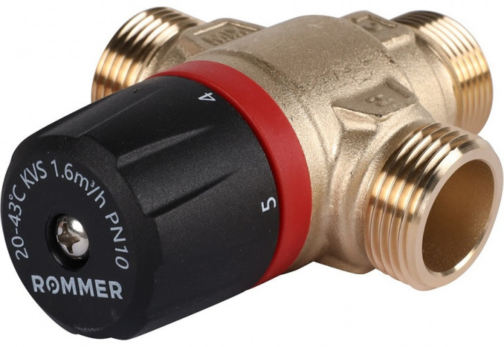 Смесительный клапан Rommer 3/4" НР 20-43°С KV 1,6 (RVM-0121-164320) боковое смешивание